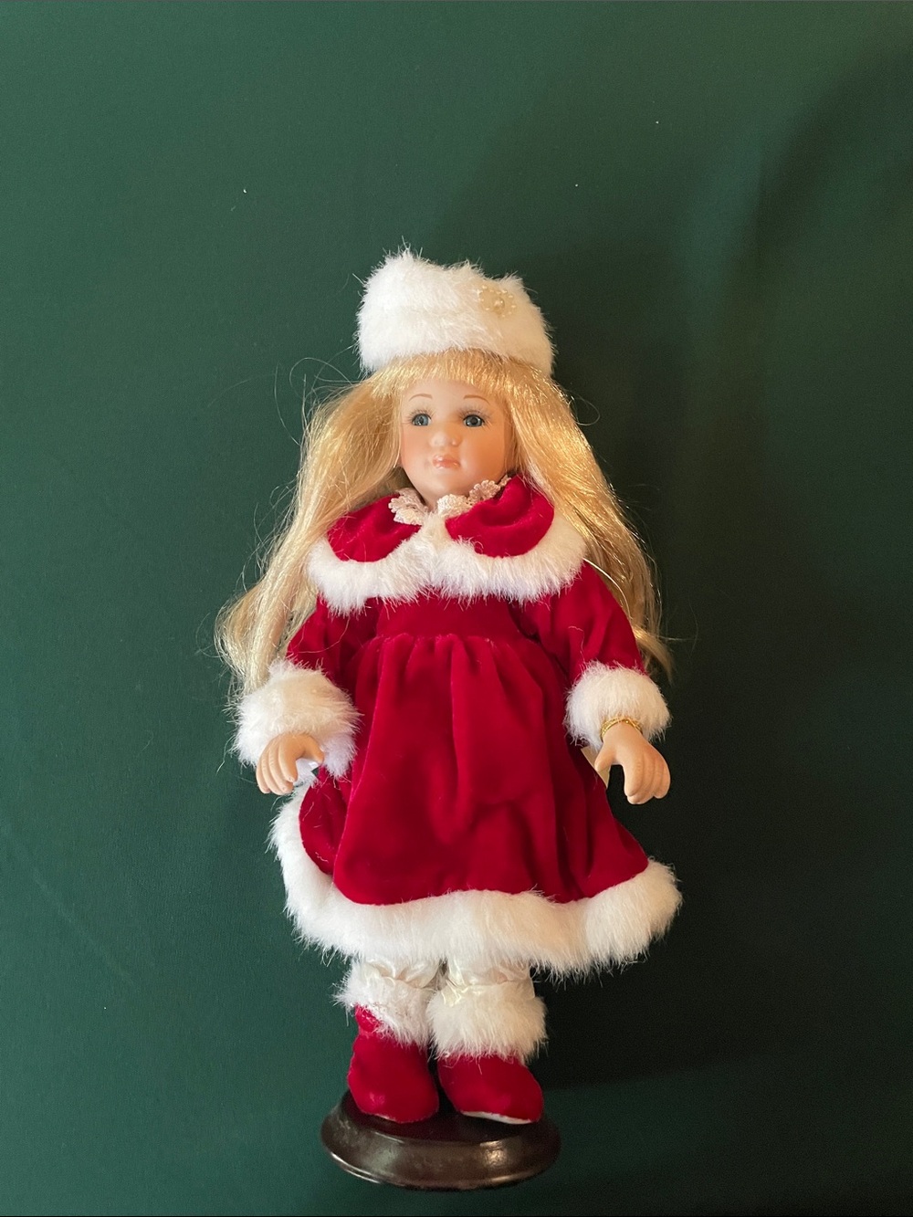Holiday Dress-Up  Porcelain Doll in Red and White Faux-Fur Outfit